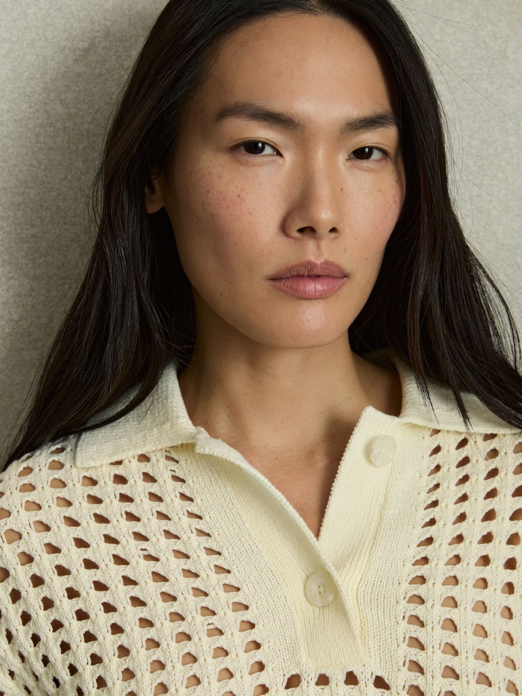 Reiss Buttermilk Reika Cotton Crochet Collared Jumper - Image 6 of 7