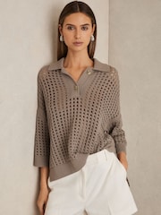 Reiss Stone Reika Cotton Crochet Collared Jumper - Image 1 of 8