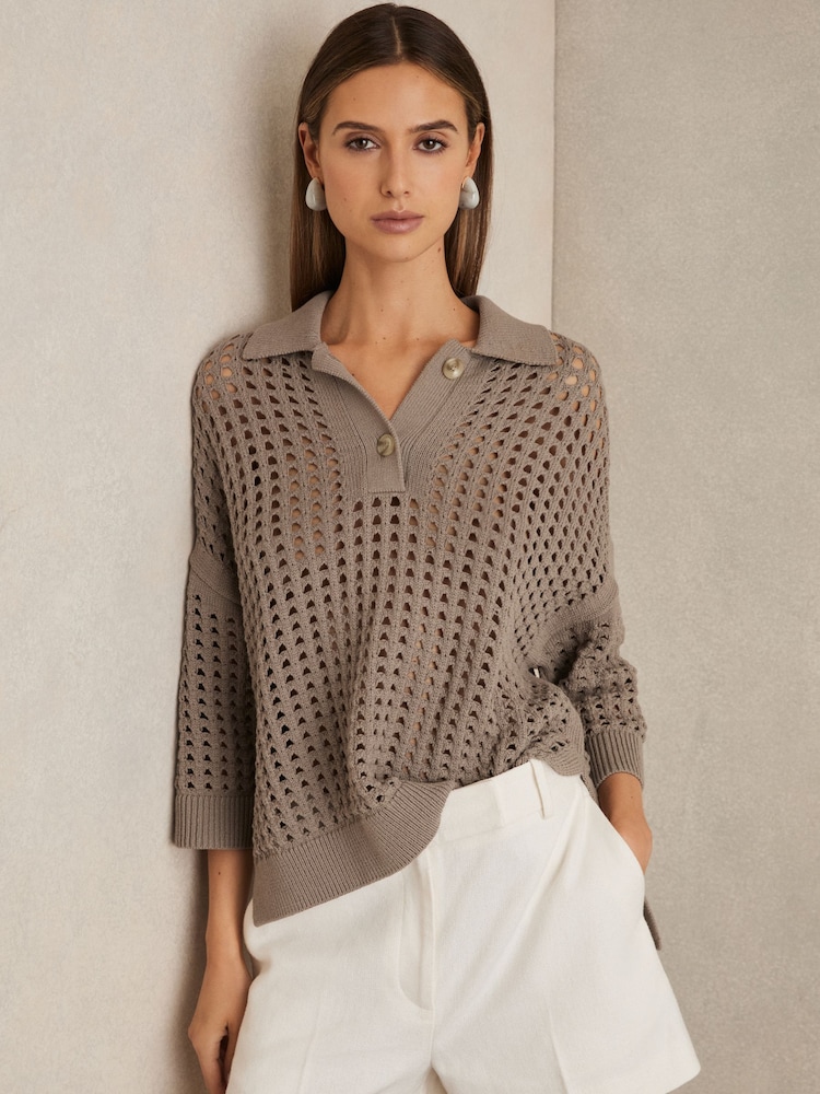 Reiss Stone Reika Cotton Crochet Collared Jumper - Image 1 of 8