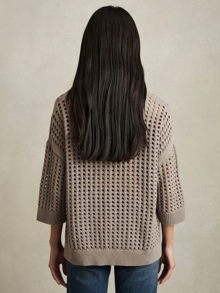 Reiss Stone Reika Cotton Crochet Collared Jumper - Image 6 of 8