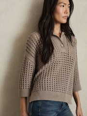 Reiss Stone Reika Cotton Crochet Collared Jumper - Image 7 of 8