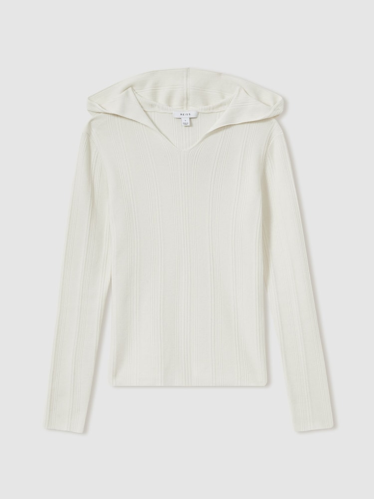 Reiss Cream Chloe Wool-Blend Rib-Knit Hooded Jumper - Image 2 of 7