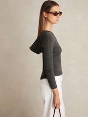 Reiss Charcoal Chloe Wool-Blend Rib-Knit Hooded Jumper - Image 1 of 6