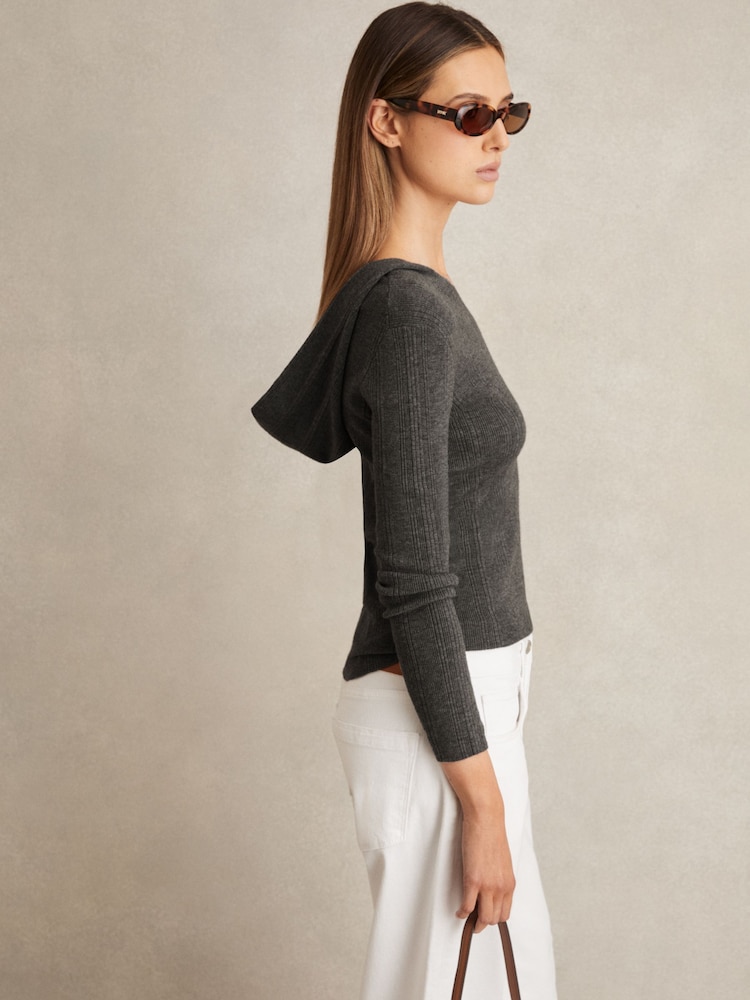 Reiss Charcoal Chloe Wool-Blend Rib-Knit Hooded Jumper - Image 1 of 6