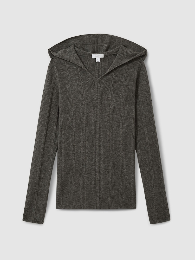 Reiss Charcoal Chloe Wool-Blend Rib-Knit Hooded Jumper - Image 2 of 6