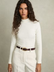 Reiss White Polly Fine-Ribbed High-Neck Top - Image 1 of 6