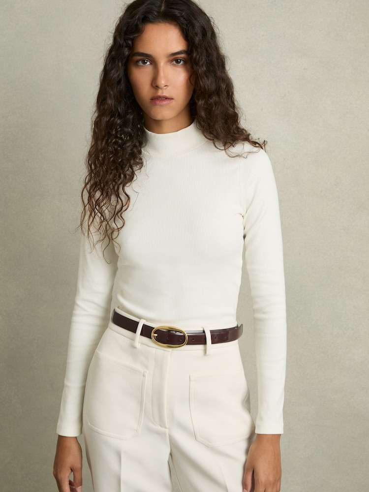 Reiss White Polly Fine-Ribbed High-Neck Top - Image 1 of 6