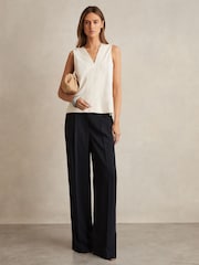 Reiss Navy Eden Petite Elasticated-Waist Wide-Leg Twill Trousers - Image 1 of 7