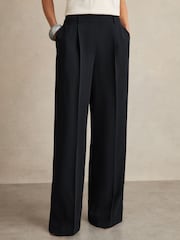 Reiss Navy Eden Petite Elasticated-Waist Wide-Leg Twill Trousers - Image 3 of 7