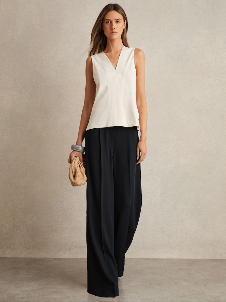 Reiss Navy Eden Elasticated-Waist Wide-Leg Twill Trousers - Image 1 of 6