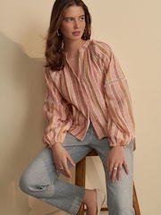 Pink Stripe Button Down Long Sleeve Doublecloth Blouse - Image 1 of 6