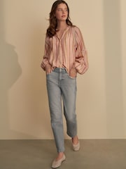Pink Stripe Button Down Long Sleeve Doublecloth Blouse - Image 2 of 6