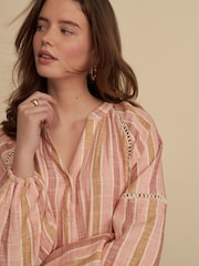 Pink Stripe Button Down Long Sleeve Doublecloth Blouse - Image 4 of 6