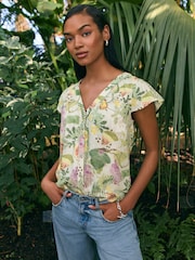 Kew Gardens Multicolour Fruit Button Down Ruffle Sleeve Top With Linen - Image 1 of 7