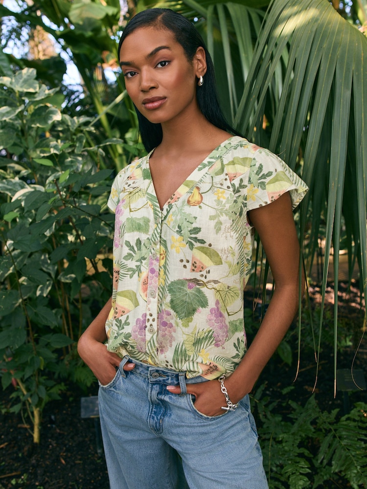 Kew Gardens Multicolour Fruit Button Down Ruffle Sleeve Top With Linen - Image 1 of 7