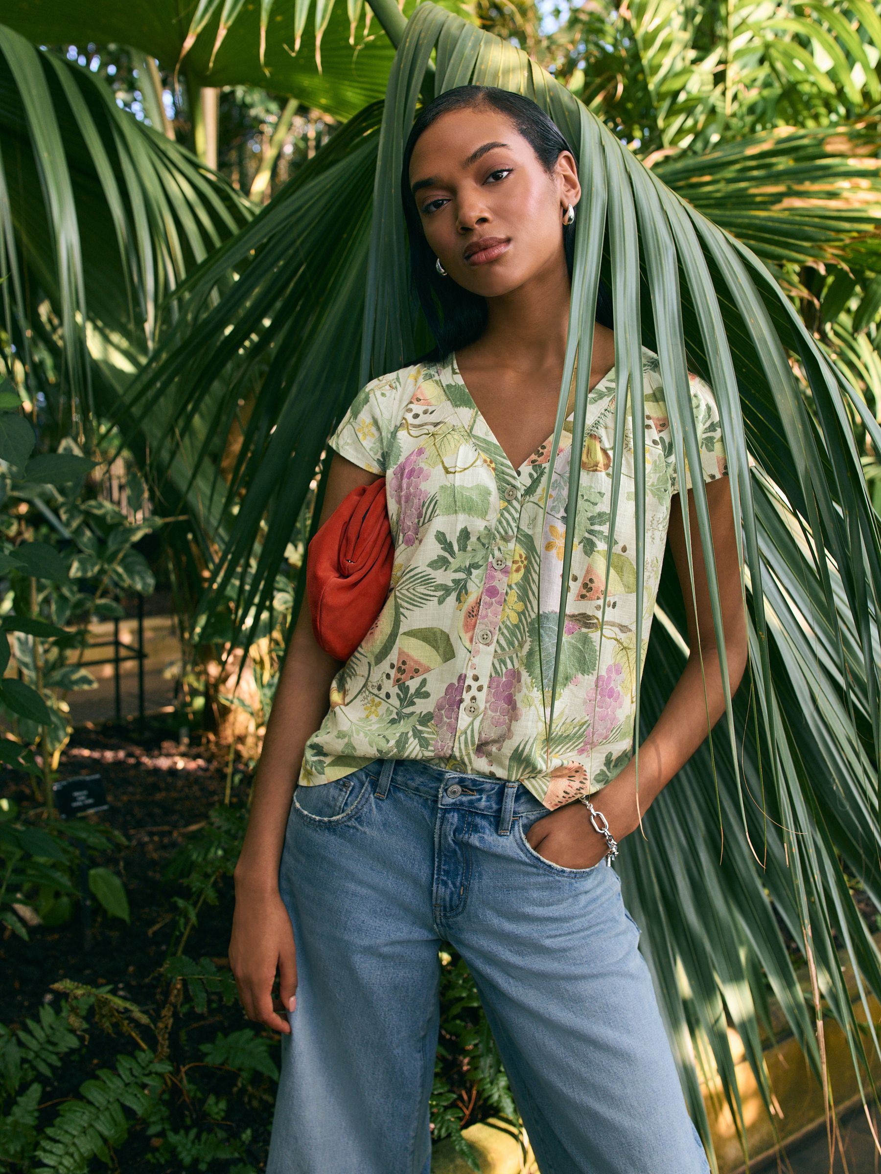 Buy Kew Gardens Multicolour Fruit Button Down Ruffle Sleeve Top