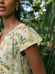 Kew Gardens Multicolour Fruit Button Down Ruffle Sleeve Top With Linen - Image 4 of 7