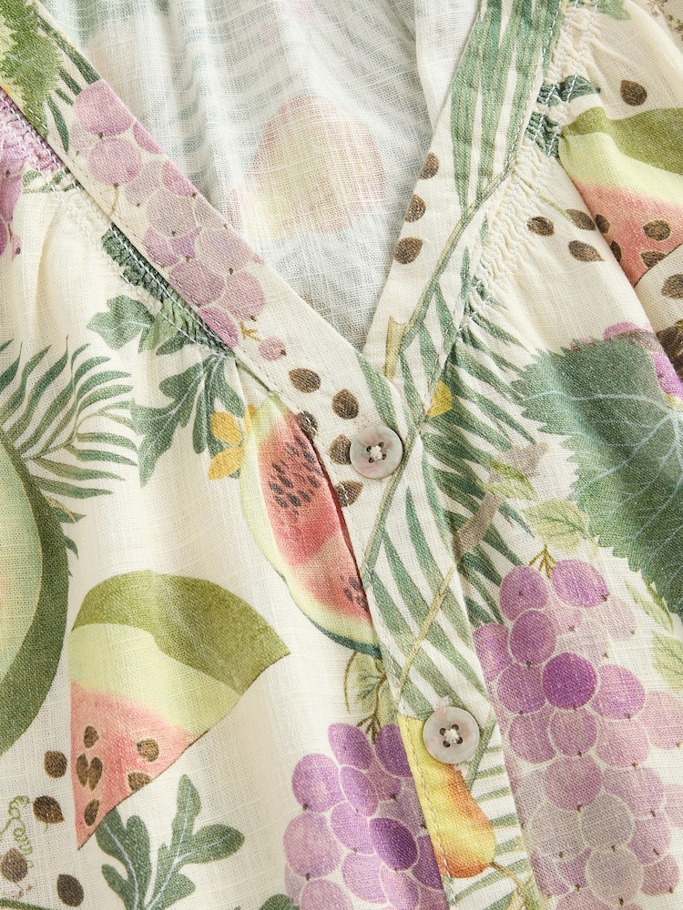 Kew Gardens Multicolour Fruit Button Down Ruffle Sleeve Top With Linen - Image 7 of 7