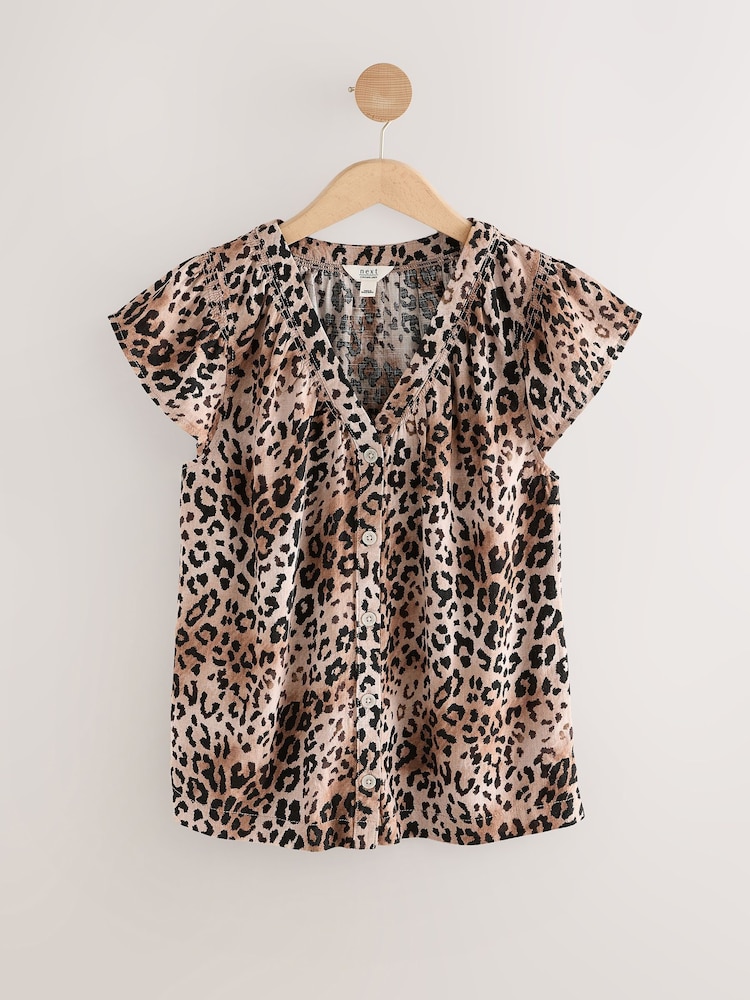 Leopard Print Button Down Ruffle Sleeve Top With Linen - Image 6 of 8