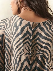 Black/Brown Zebra Print Short Sleeve Boxy T-Shirt with Linen - Image 3 of 4