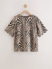 Black/Brown Zebra Print Short Sleeve Boxy T-Shirt with Linen - Image 4 of 4