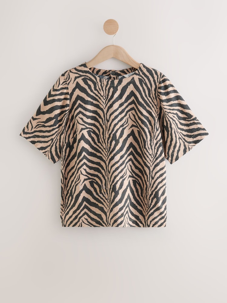 Black/Brown Zebra Print Short Sleeve Boxy T-Shirt with Linen - Image 4 of 4