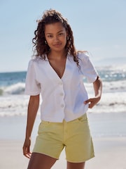 White Linen Blend Scallop Button Down Short Sleeve Blouse - Image 1 of 7