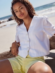 White Linen Blend Scallop Button Down Short Sleeve Blouse - Image 2 of 7