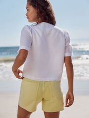 White Linen Blend Scallop Button Down Short Sleeve Blouse - Image 3 of 7