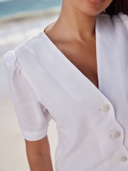 White Linen Blend Scallop Button Down Short Sleeve Blouse - Image 4 of 7
