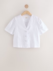 White Linen Blend Scallop Button Down Short Sleeve Blouse - Image 5 of 7