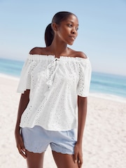 White Broderie Short Sleeve Tie Neck Bardot Top - Image 1 of 8