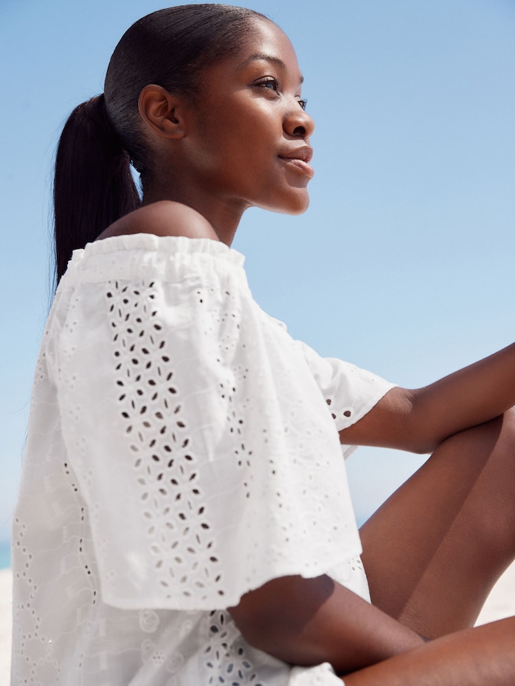 White Broderie Short Sleeve Tie Neck Bardot Top - Image 2 of 8