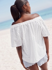 White Broderie Short Sleeve Tie Neck Bardot Top - Image 3 of 8