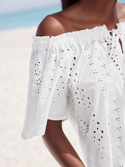 White Broderie Short Sleeve Tie Neck Bardot Top - Image 4 of 8