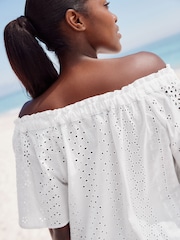 White Broderie Short Sleeve Tie Neck Bardot Top - Image 5 of 8