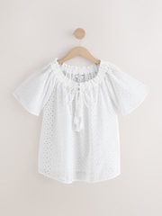 White Broderie Short Sleeve Tie Neck Bardot Top - Image 6 of 8