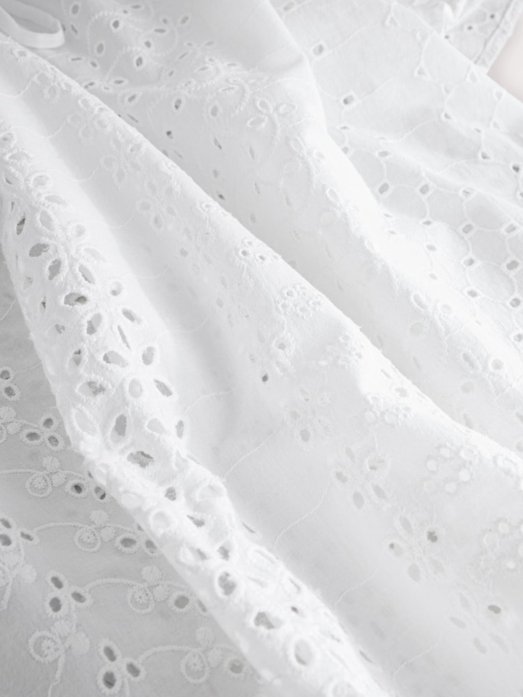 White Broderie Short Sleeve Tie Neck Bardot Top - Image 7 of 8