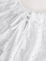 White Broderie Short Sleeve Tie Neck Bardot Top - Image 8 of 8