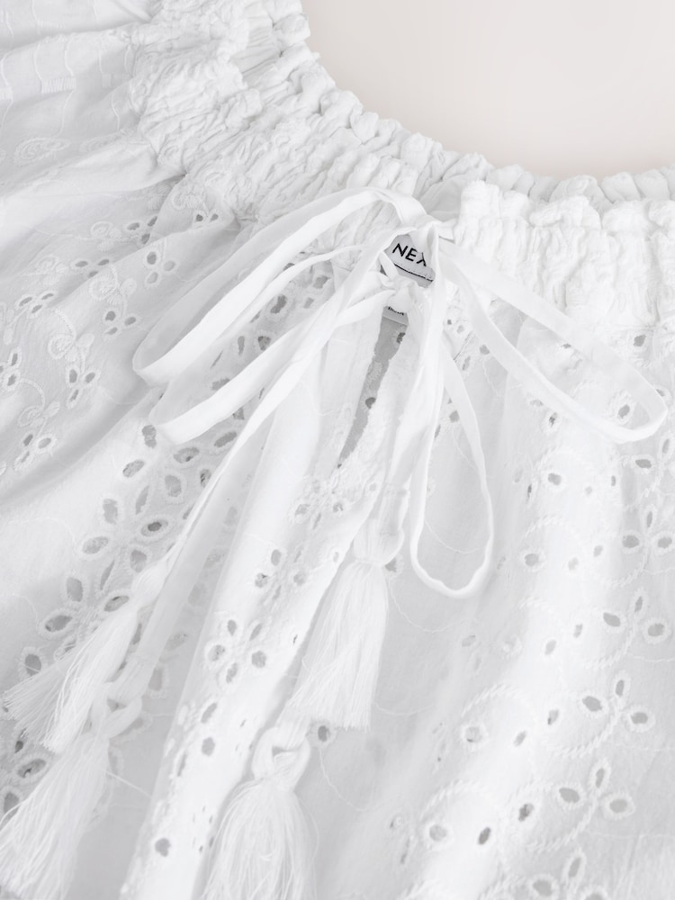 White Broderie Short Sleeve Tie Neck Bardot Top - Image 8 of 8
