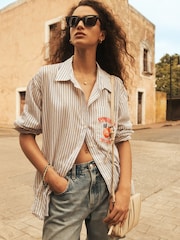 Blue/White Stripe Tomato Graphic Long Sleeve 100% Cotton Relaxed Lightweight Shirt - Image 2 of 8