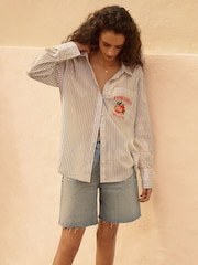 Blue/White Stripe Tomato Graphic Long Sleeve 100% Cotton Relaxed Lightweight Shirt - Image 3 of 8