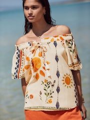 Cream Abstract Sunshine Short Sleeve Tie Neck Bardot Top - Image 1 of 8