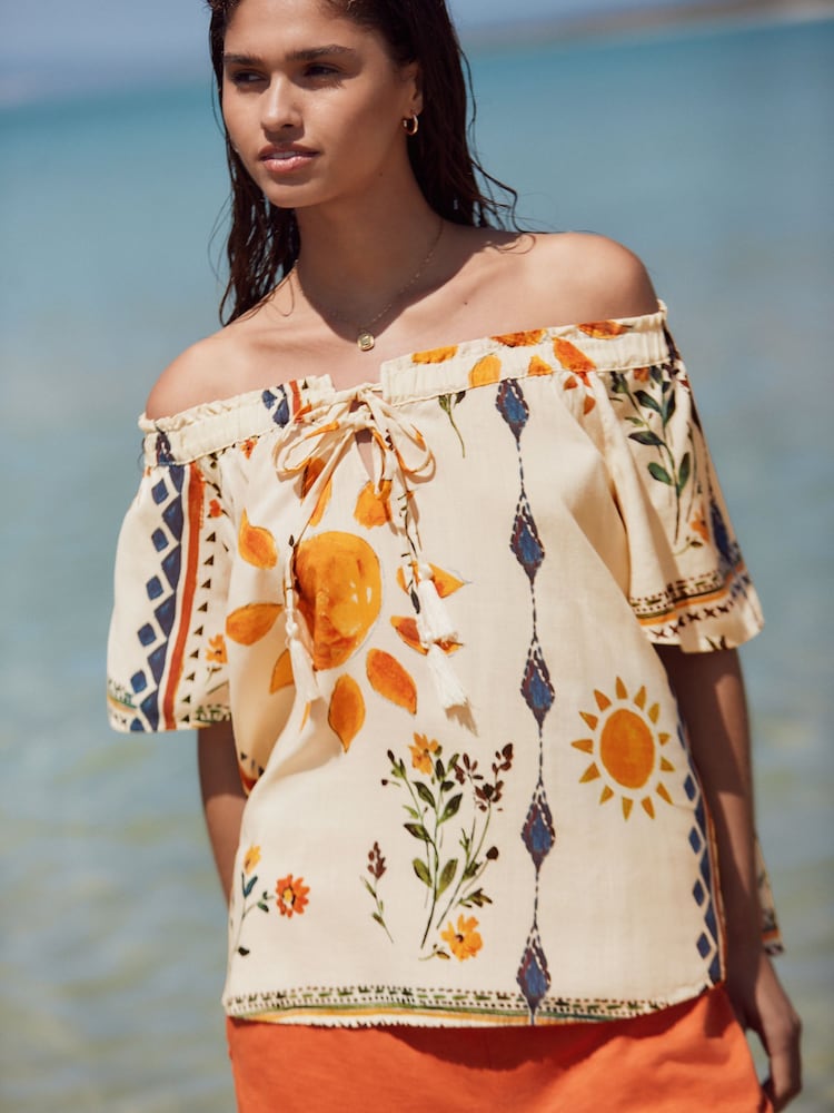 Cream Abstract Sunshine Short Sleeve Tie Neck Bardot Top - Image 1 of 8
