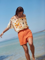 Cream Abstract Sunshine Short Sleeve Tie Neck Bardot Top - Image 2 of 8