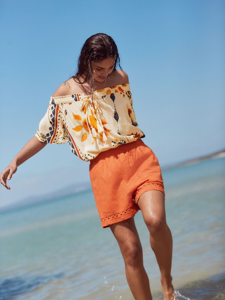 Cream Abstract Sunshine Short Sleeve Tie Neck Bardot Top - Image 2 of 8