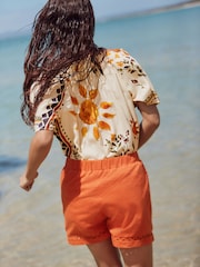 Cream Abstract Sunshine Short Sleeve Tie Neck Bardot Top - Image 3 of 8