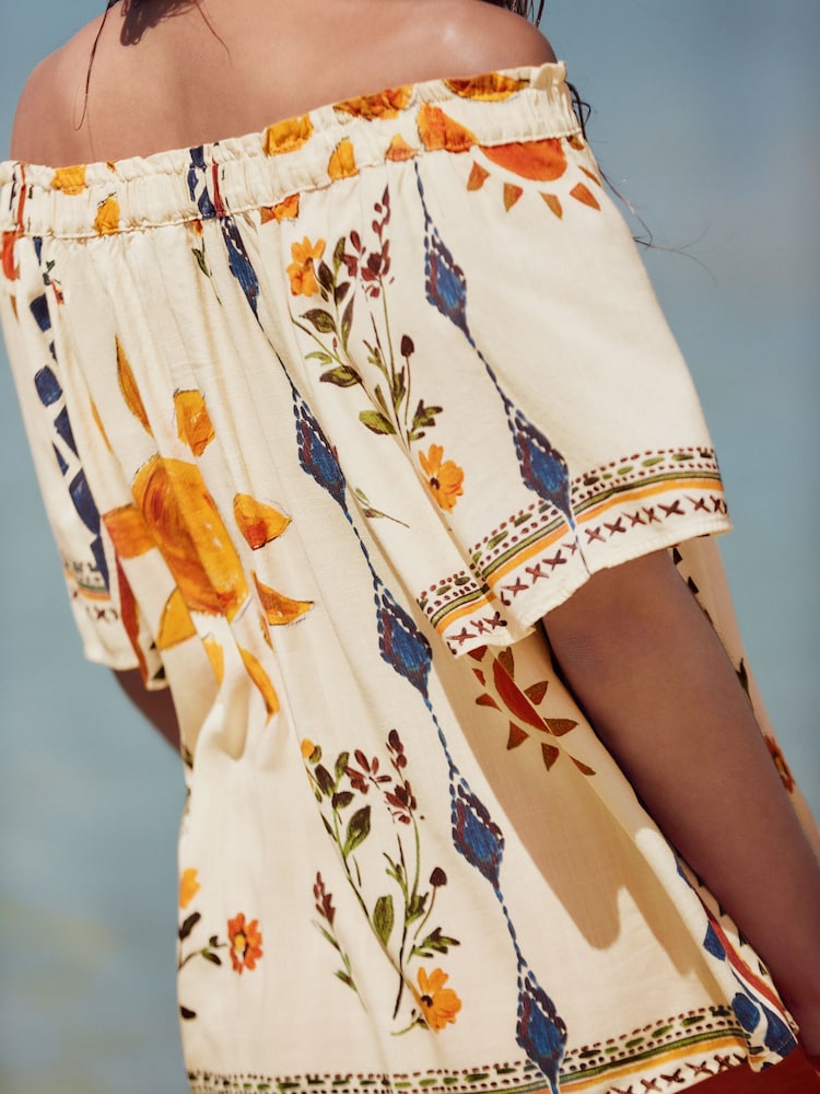 Cream Abstract Sunshine Short Sleeve Tie Neck Bardot Top - Image 5 of 8