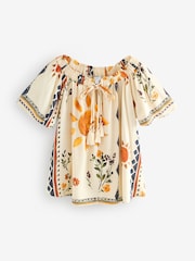 Cream Abstract Sunshine Short Sleeve Tie Neck Bardot Top - Image 6 of 8