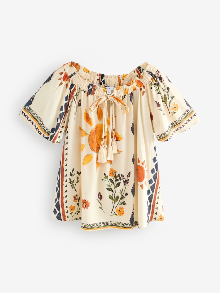 Cream Abstract Sunshine Short Sleeve Tie Neck Bardot Top - Image 6 of 8